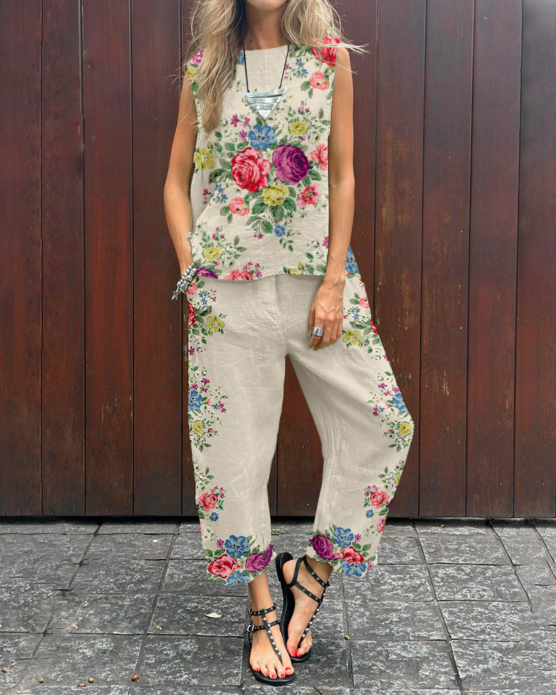 Casual Floral Print Sleeveless Top & Pants Two-piece Set