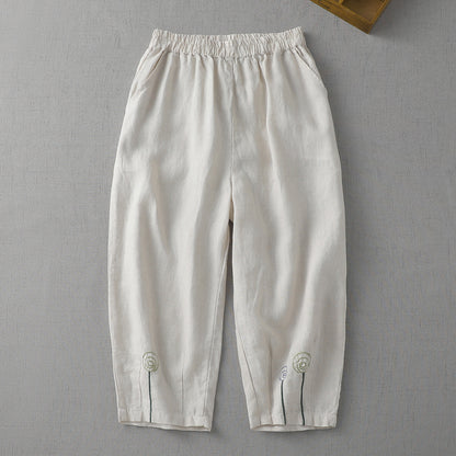 Cotton and linen cropped elastic waist casual pants