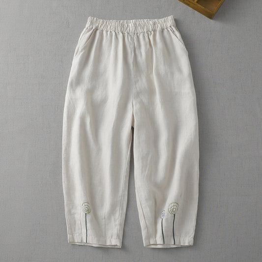 Cotton and linen cropped elastic waist casual pants