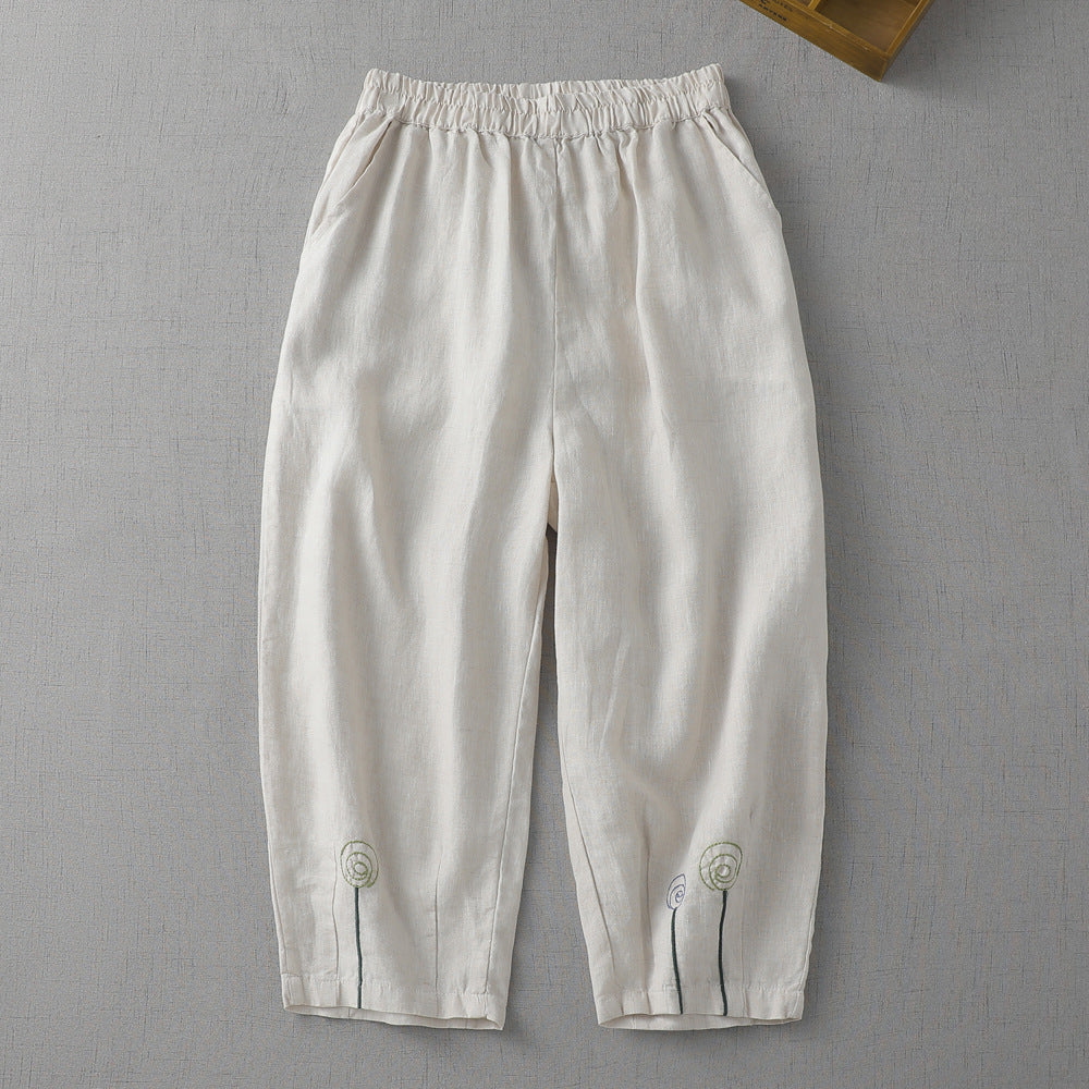 Cotton and linen cropped elastic waist casual pants