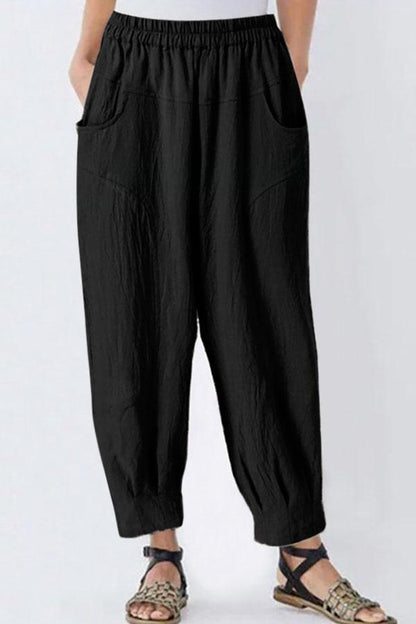 Casual Solid Paneled Side Pockets Elastic Folds Harem Pants