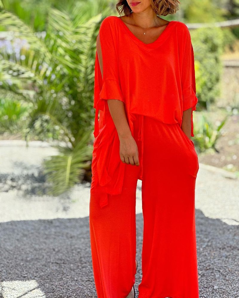 Solid Shoulder Top & Pants Two-Piece Set