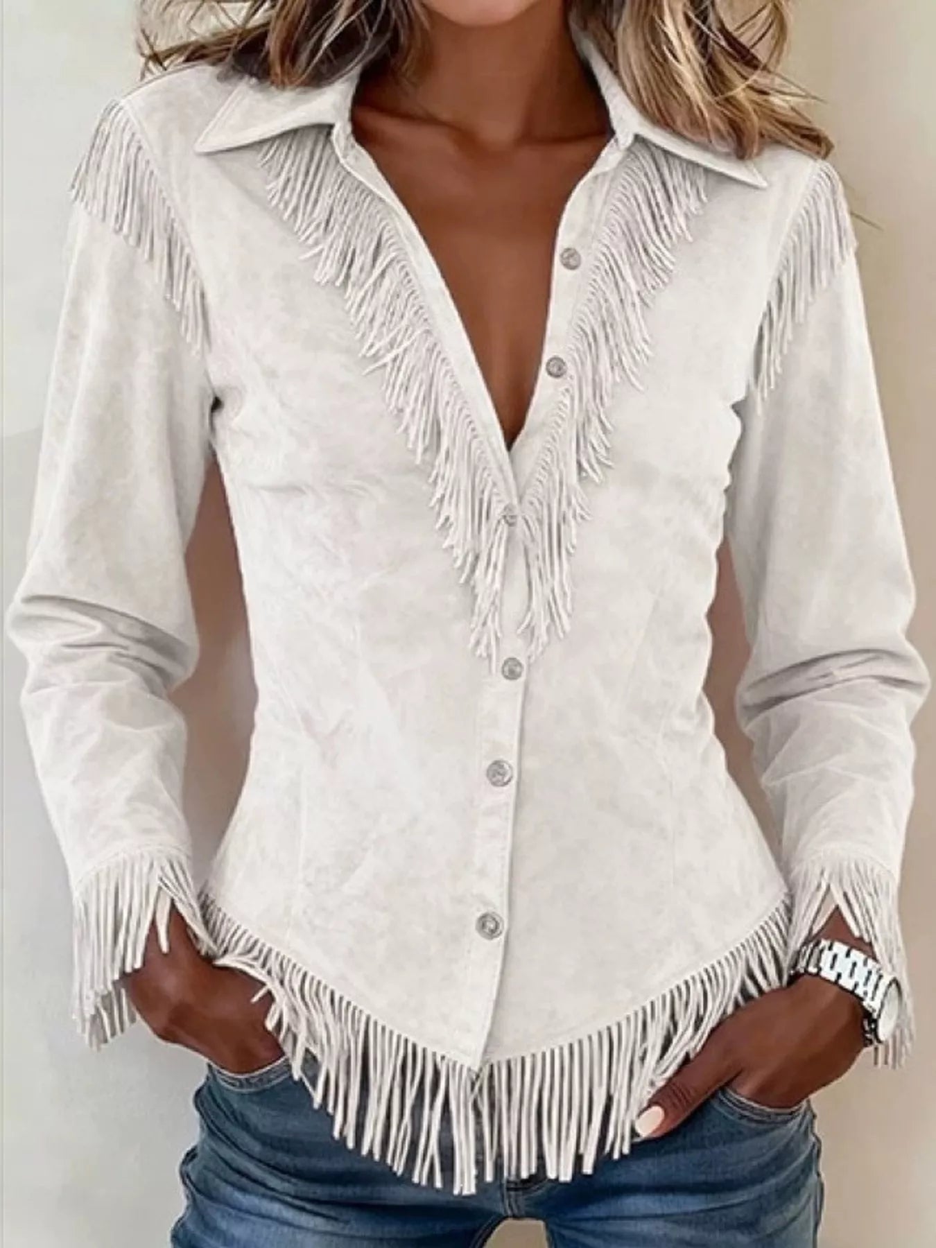 Fringed Button Up Long Sleeve Shirt