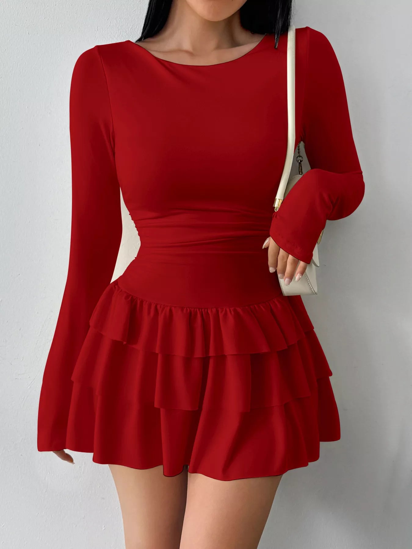 Elara's Ruched Long Sleeve Layered Ruffle Mini Dress
