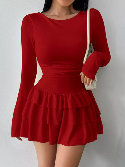 Elara's Ruched Long Sleeve Layered Ruffle Mini Dress