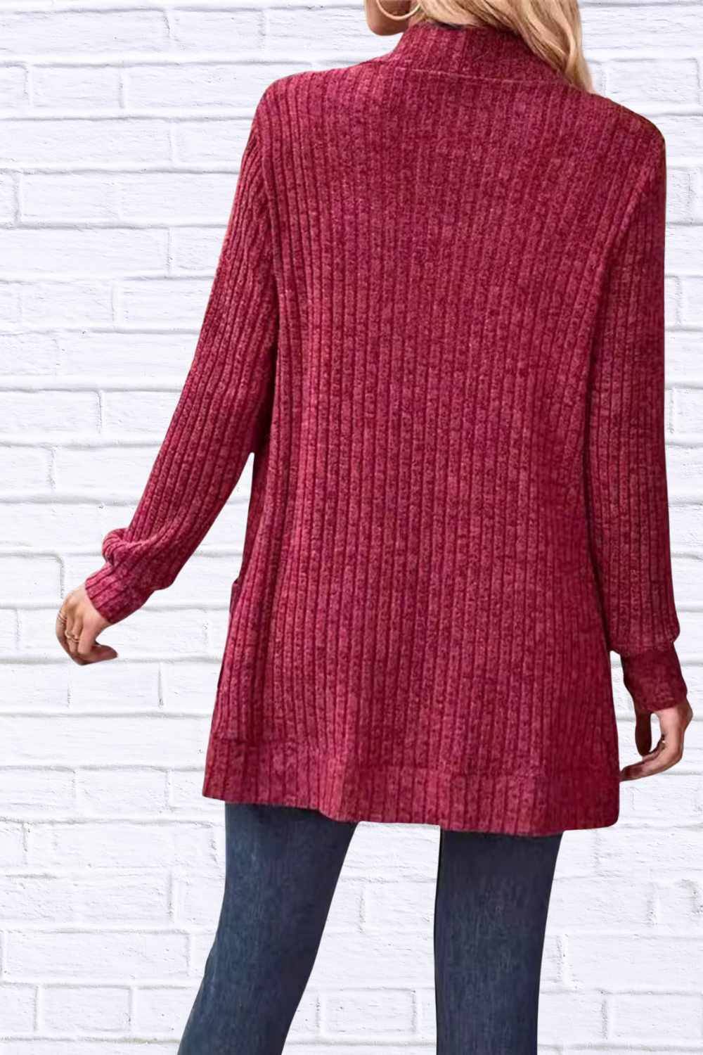 Ribbed Open Front Long Cardigan with Pockets