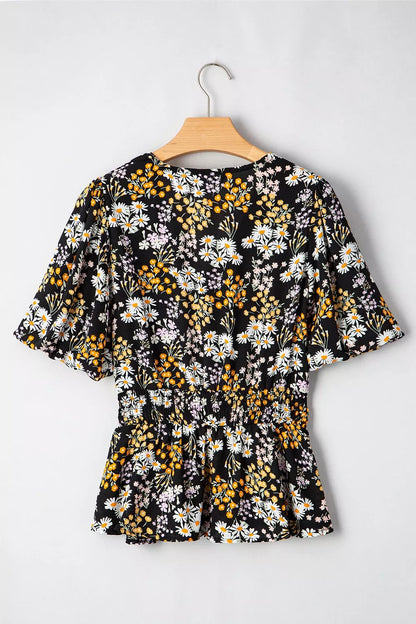 Floral Print V Neck Smocked Babydoll Blouse