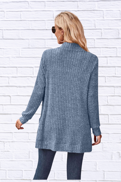 Ribbed Open Front Long Cardigan with Pockets