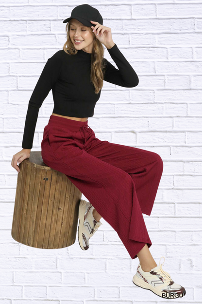 Burgundy Cable Knit Textured Wide Leg Pants