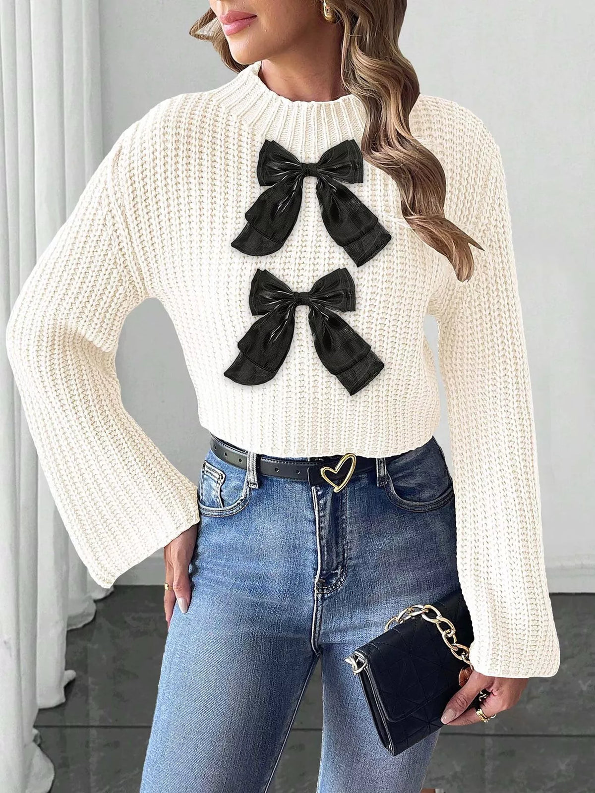 Bow-Decorated Mock Neck Cropped Sweater