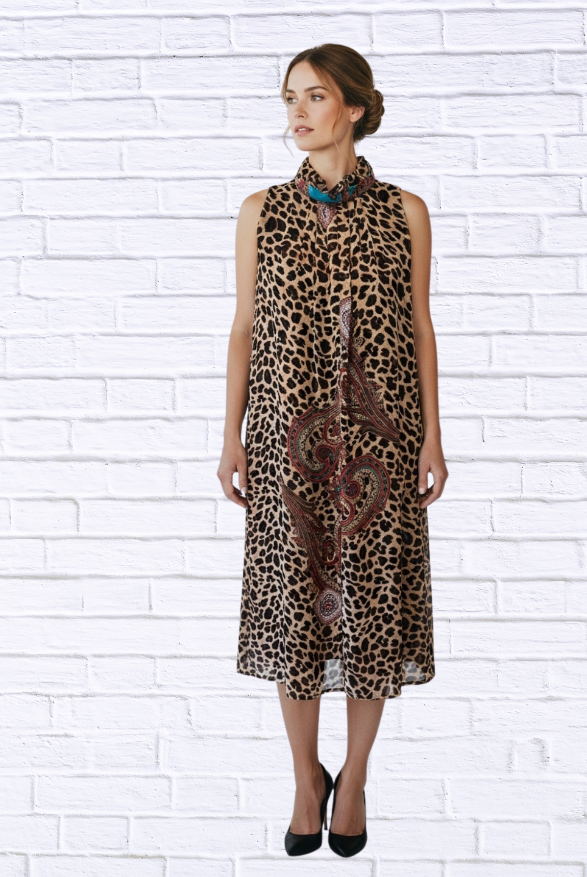 Animal and Paisley Print Sleeveless Maxi Dress – High Neck Bow Detail Flowy Woven Dress