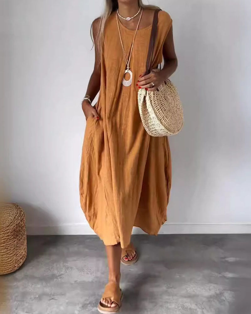 Casual Cotton And Linen Solid Color Pocket Long Sleeveless Dress