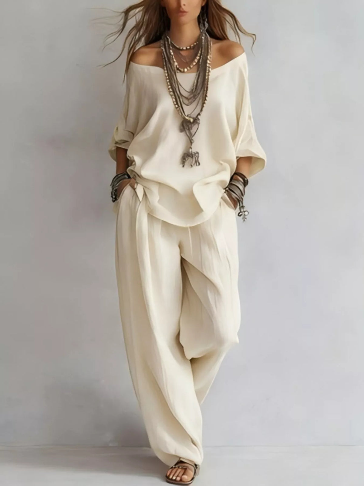 Off-Shoulder Loose Fit Top and Pants Two-Piece Set