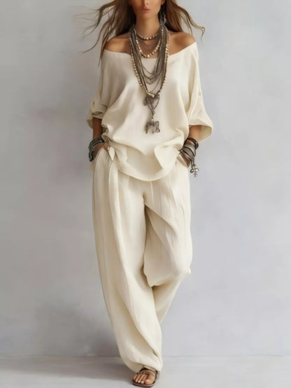 Off-Shoulder Loose Fit Top and Pants Two-Piece Set