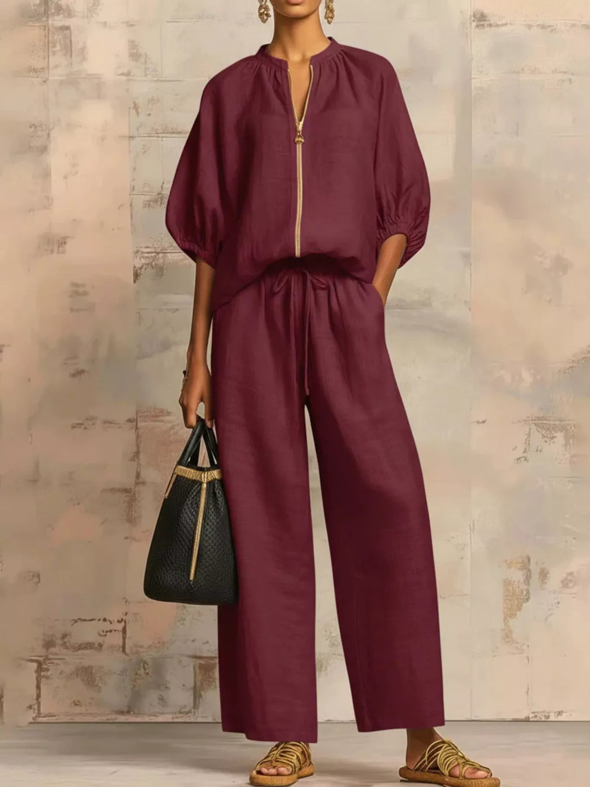Full Size Zip-Front Top and Wide-Leg Pants Set Plus Size