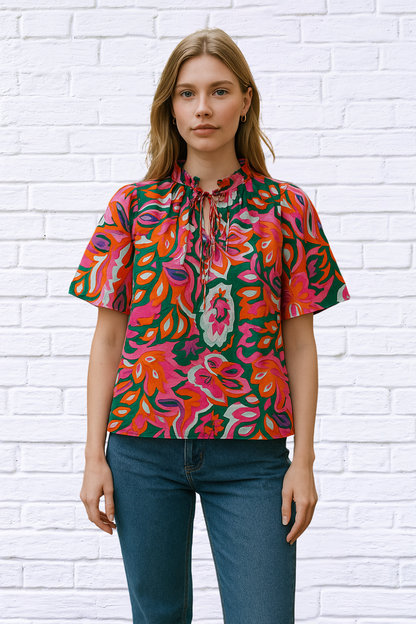 Tropical Print Short Sleeve Tie Neck Blouse – Multicolor