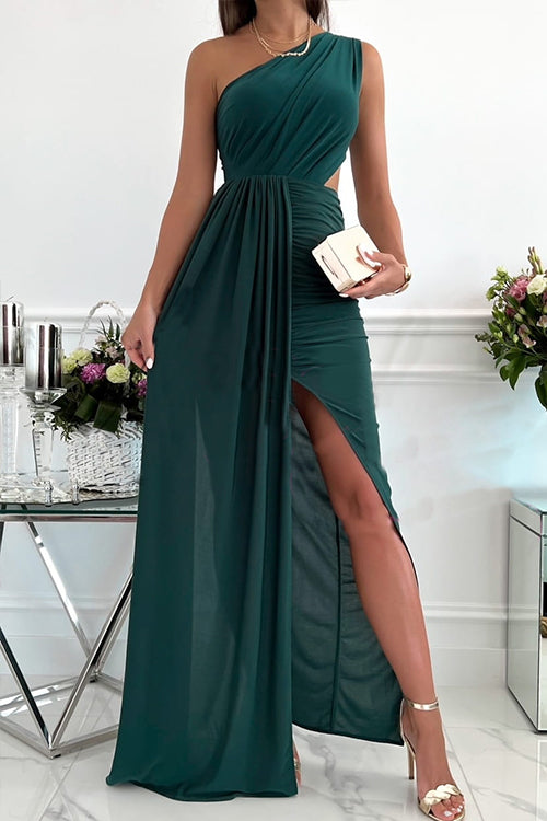 Rosiedress Solid One Shoulder Sleeveless Cut Out Slit Maxi Dress Green