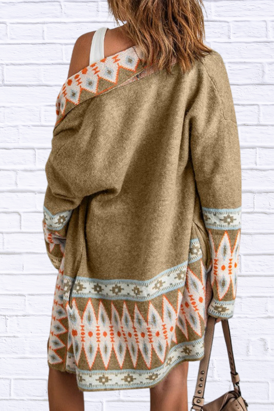 Aztec Print Open Front Knitted Cardigan