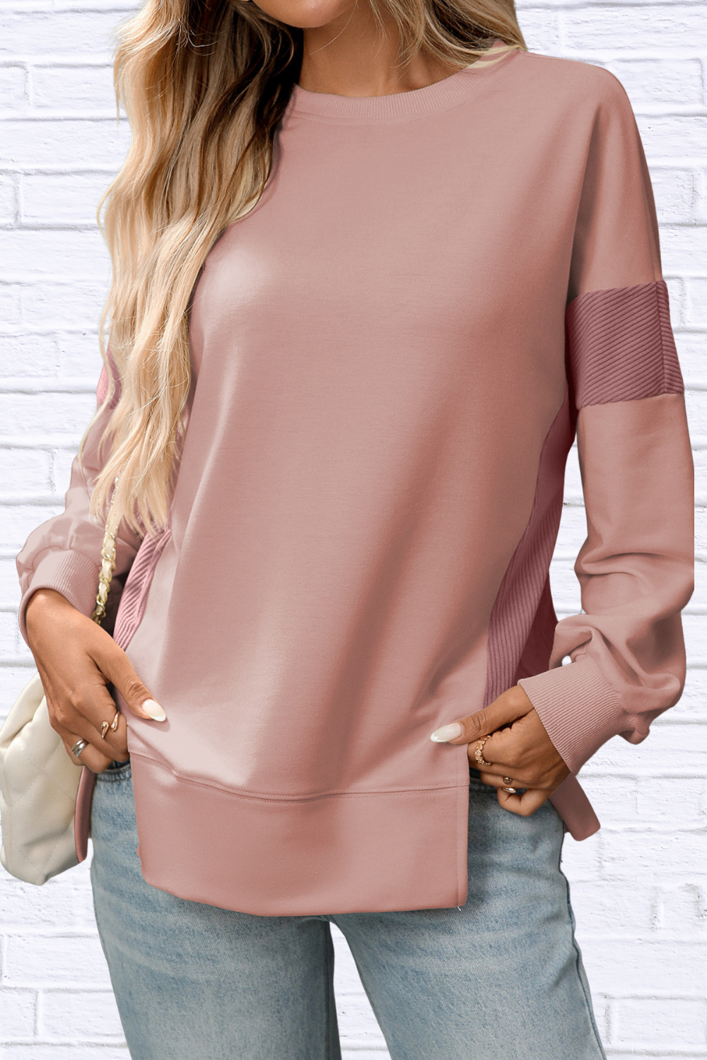 Slit Round Neck Long Sleeve Sweatshirt