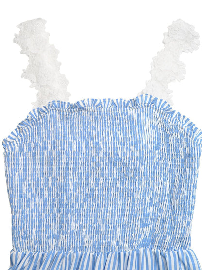Striped Smocked Lace Trim Midi Dress