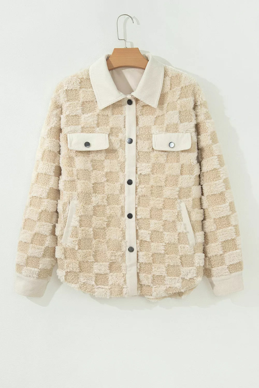 Plush Checkered Corduroy Trim Metal Button Long Sleeve Shift Silhouette Shacket