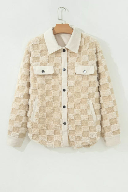 Plush Checkered Corduroy Trim Metal Button Long Sleeve Shift Silhouette Shacket