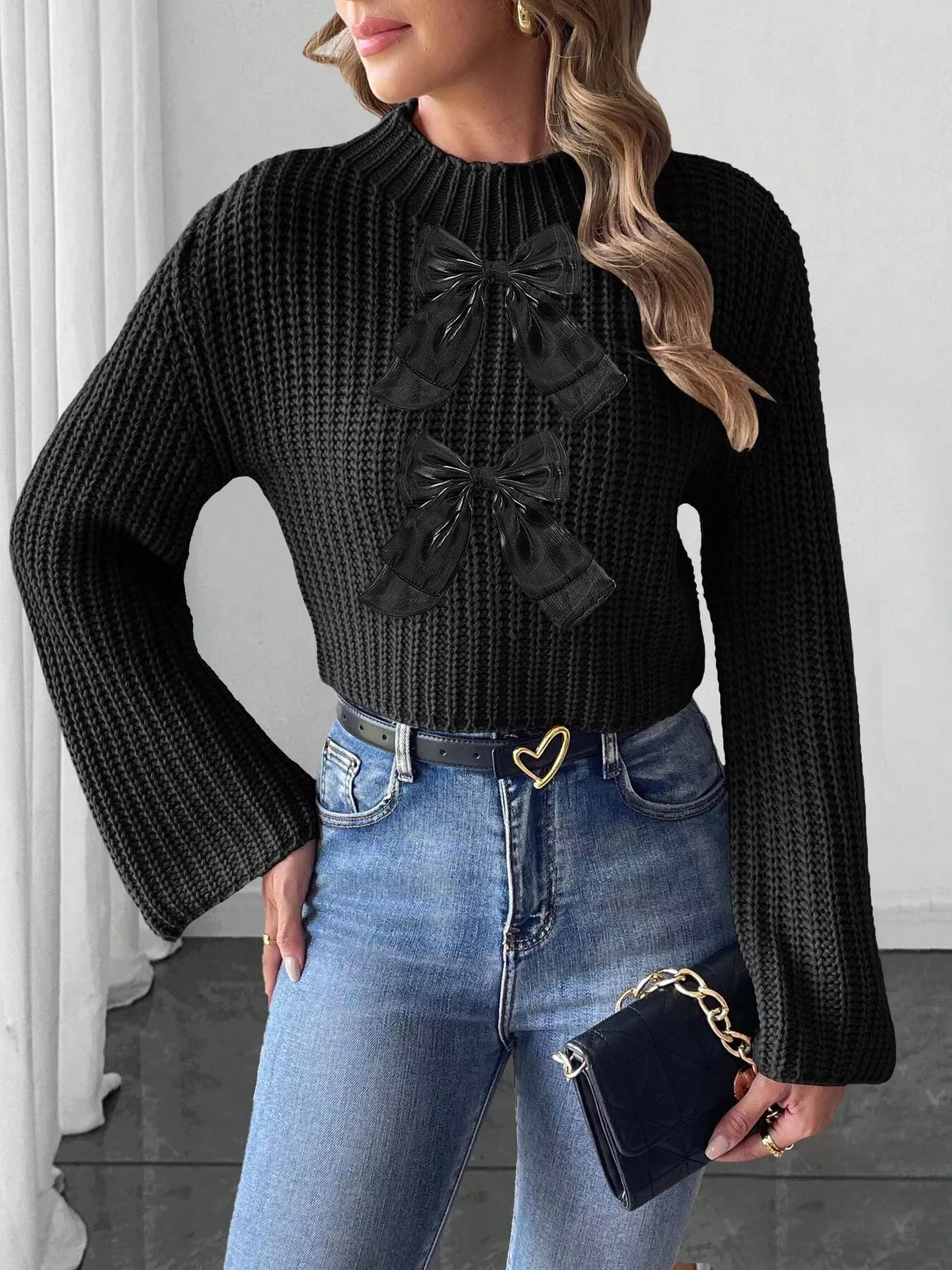 Bow-Decorated Mock Neck Cropped Sweater