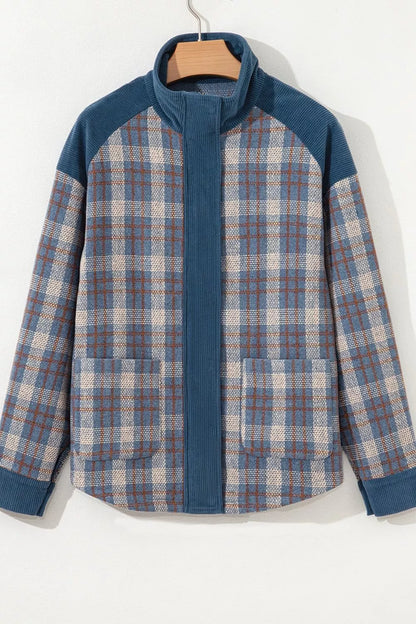 Plaid Corduroy Patchwork Collared Zip Up Snap Button Jacket