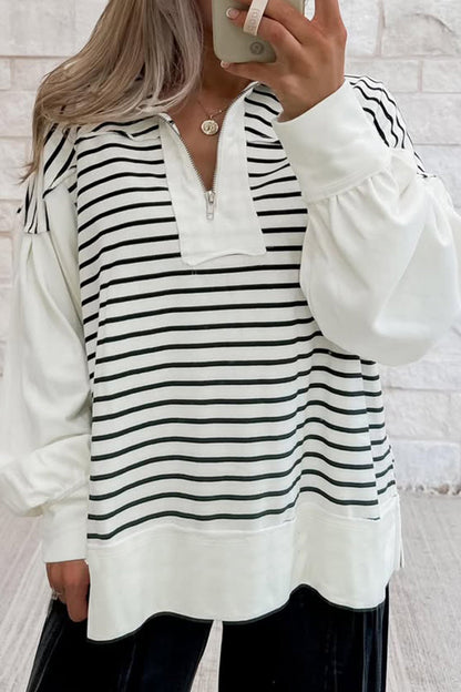 White Stripe Color Block Long Puff Sleeve Metal Zip-Up Collar Top
