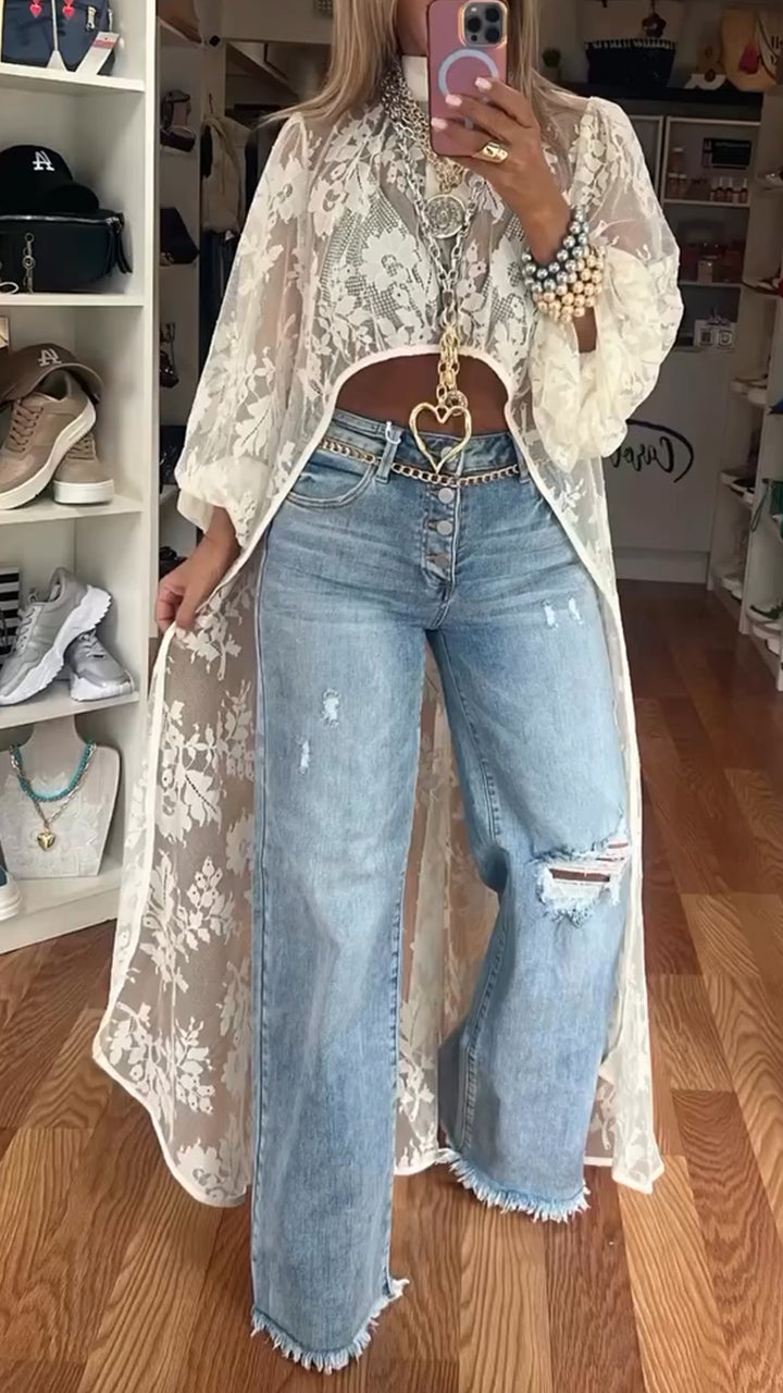 Haut décontracté en dentelle à col rond, devant court et dos long