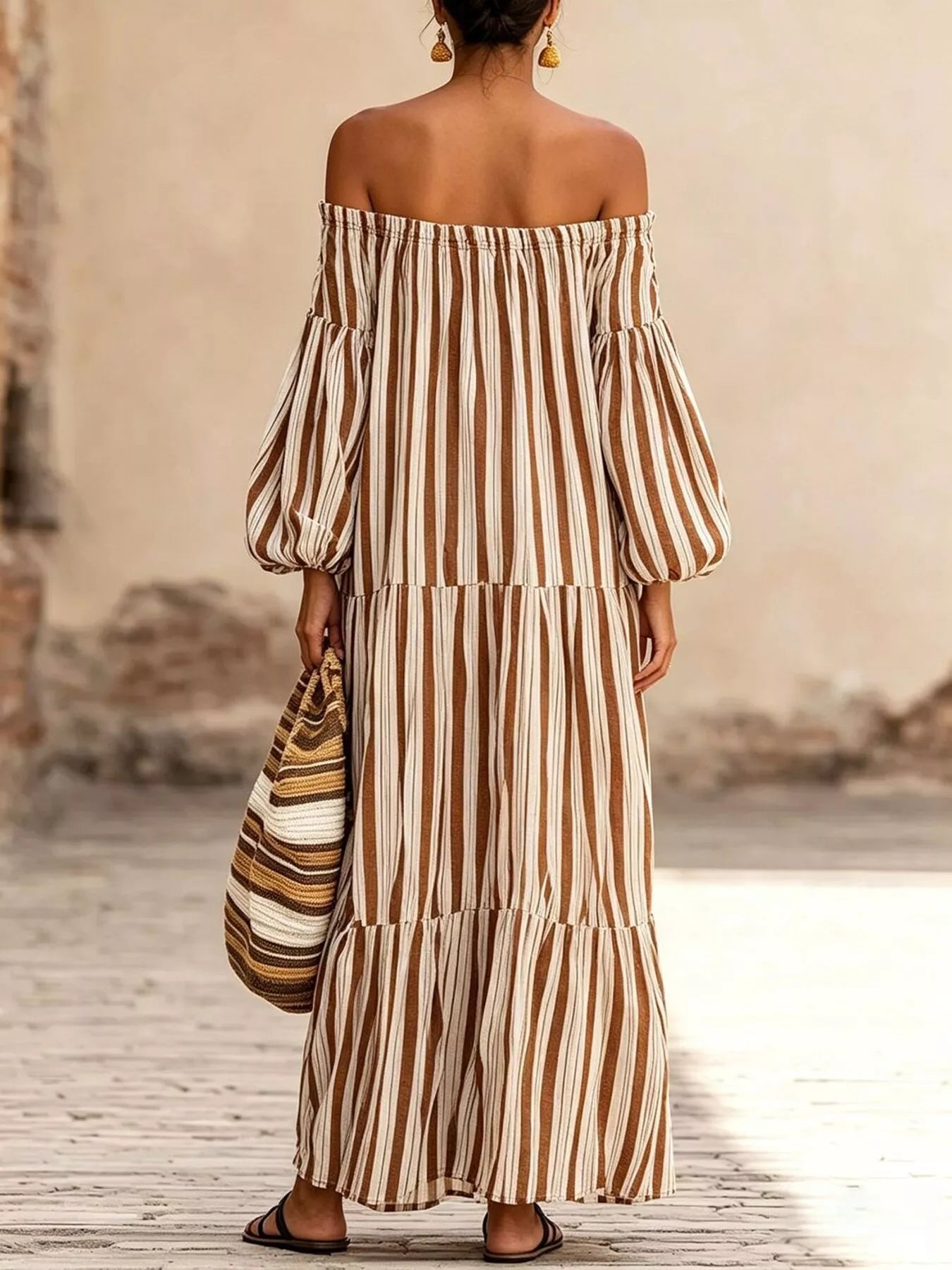 Off-Shoulder Striped Maxi Dress