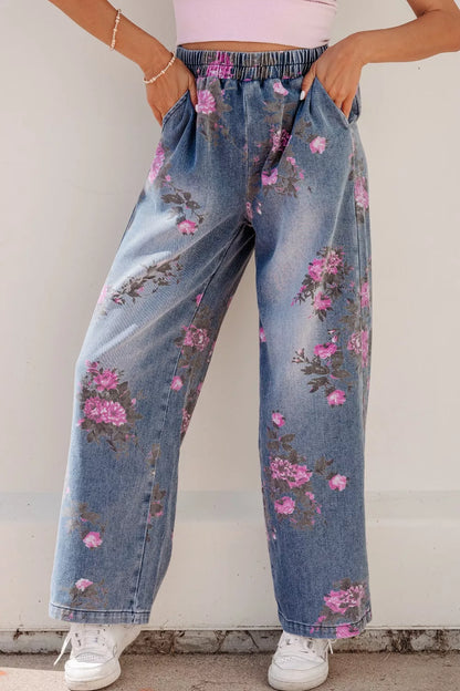 Floral Print Wide Leg Elastic Waist Jeans
