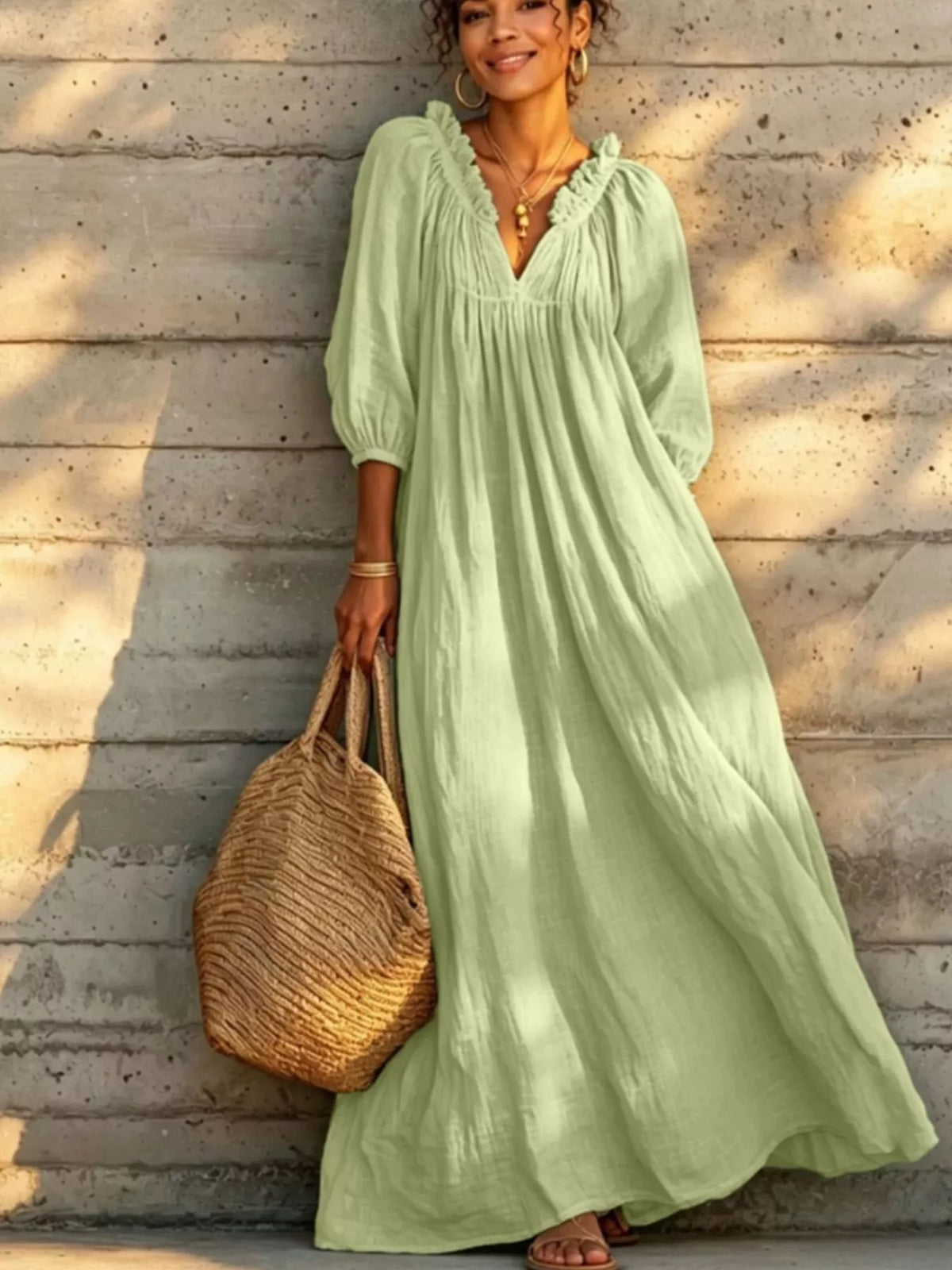 Tiered Notched 3/4 Sleeve Maxi Dress