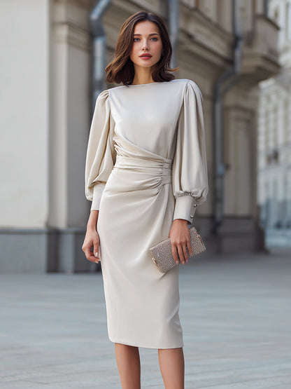 Draped Waist Puff Sleeve Midi Dress