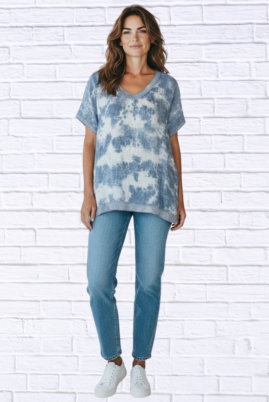 Washed Linen V-Neck Top with Silver Thread Trim – Relaxed Short Sleeve Casual Chic Blouse