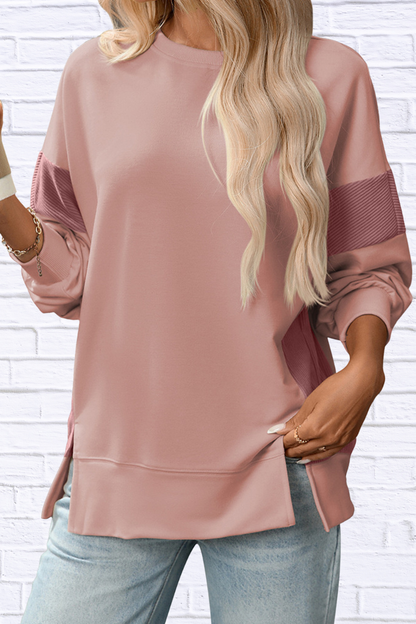 Slit Round Neck Long Sleeve Sweatshirt