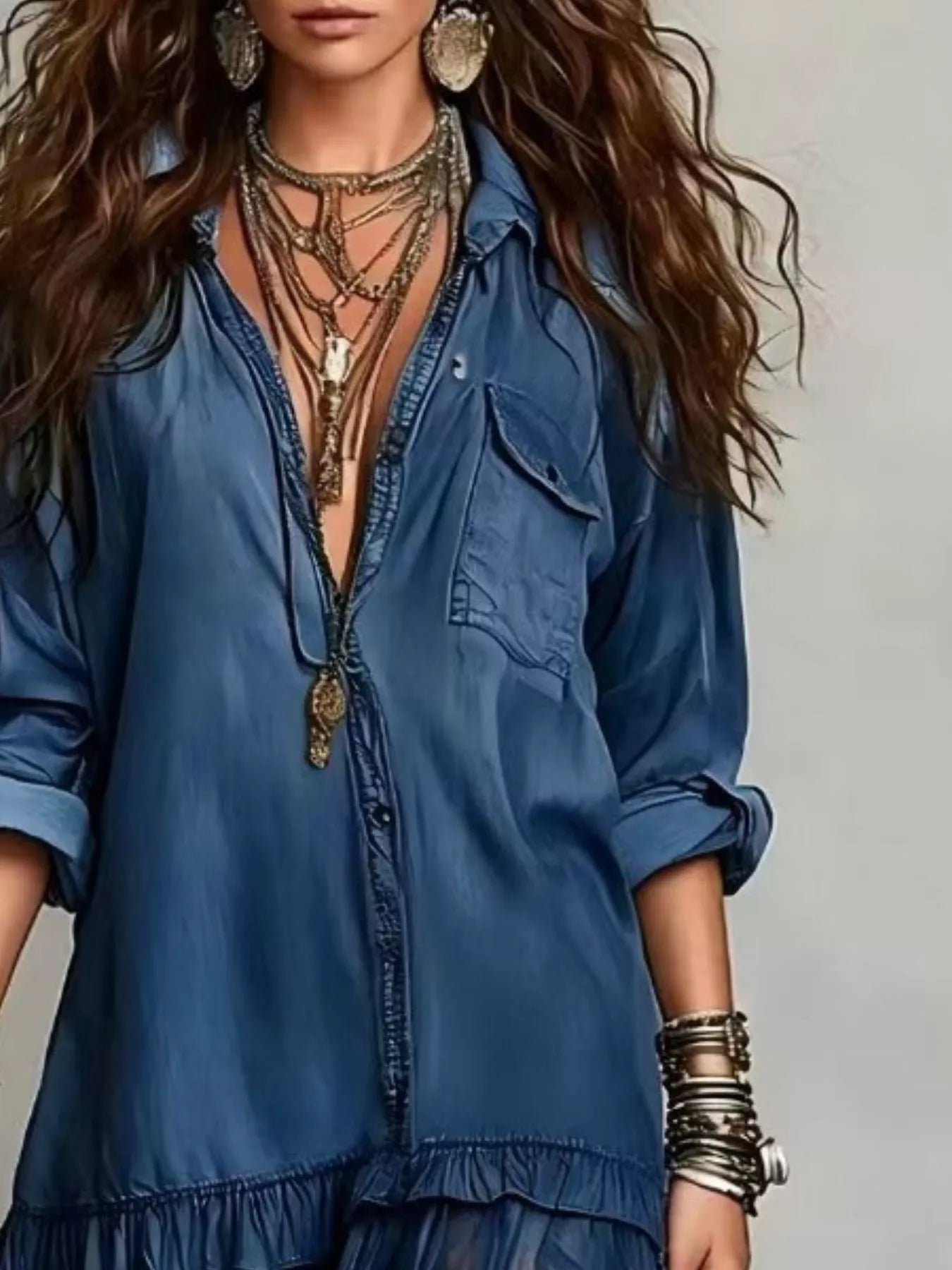 Full Size Tiered Long Sleeve Denim Shirt Maxi Dress Plus Size