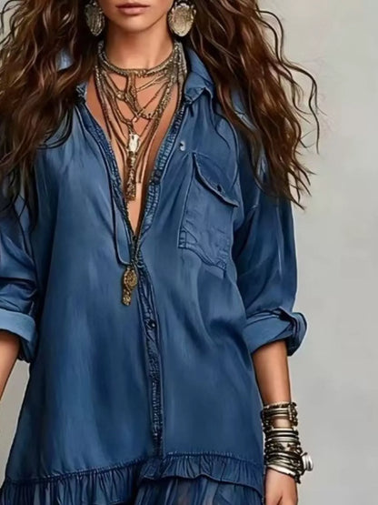 Full Size Tiered Long Sleeve Denim Shirt Maxi Dress Plus Size