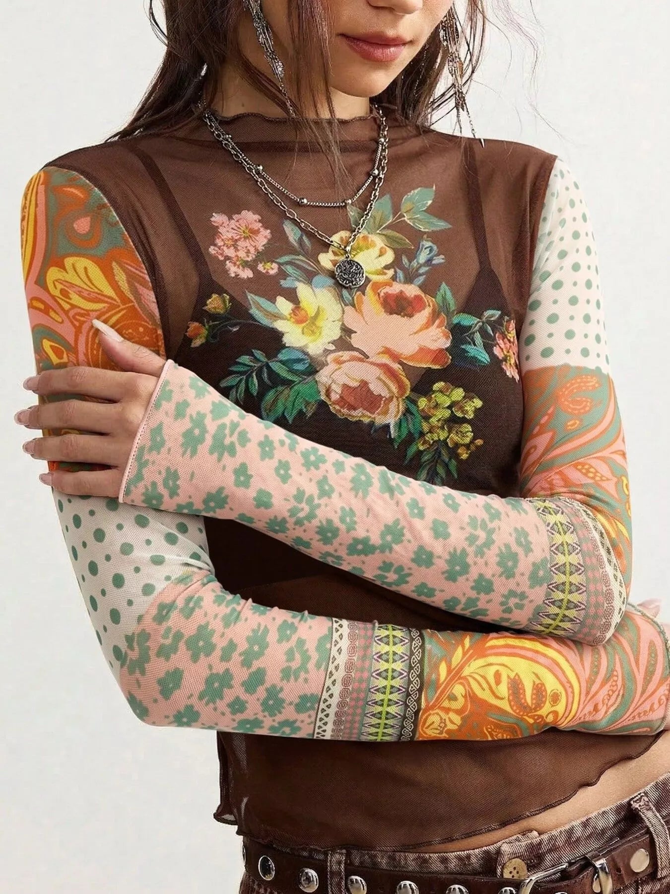 Floral Print Mesh Mock Neck Long Sleeve Top