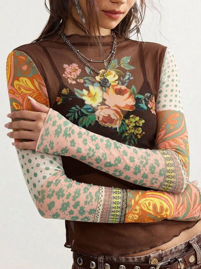 Floral Print Mesh Mock Neck Long Sleeve Top