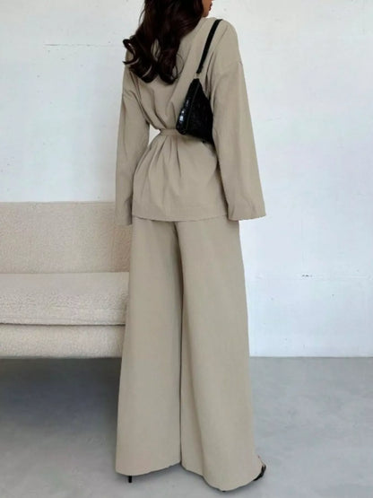 Textured Tie Waist Top and Wide-Leg Pants Set