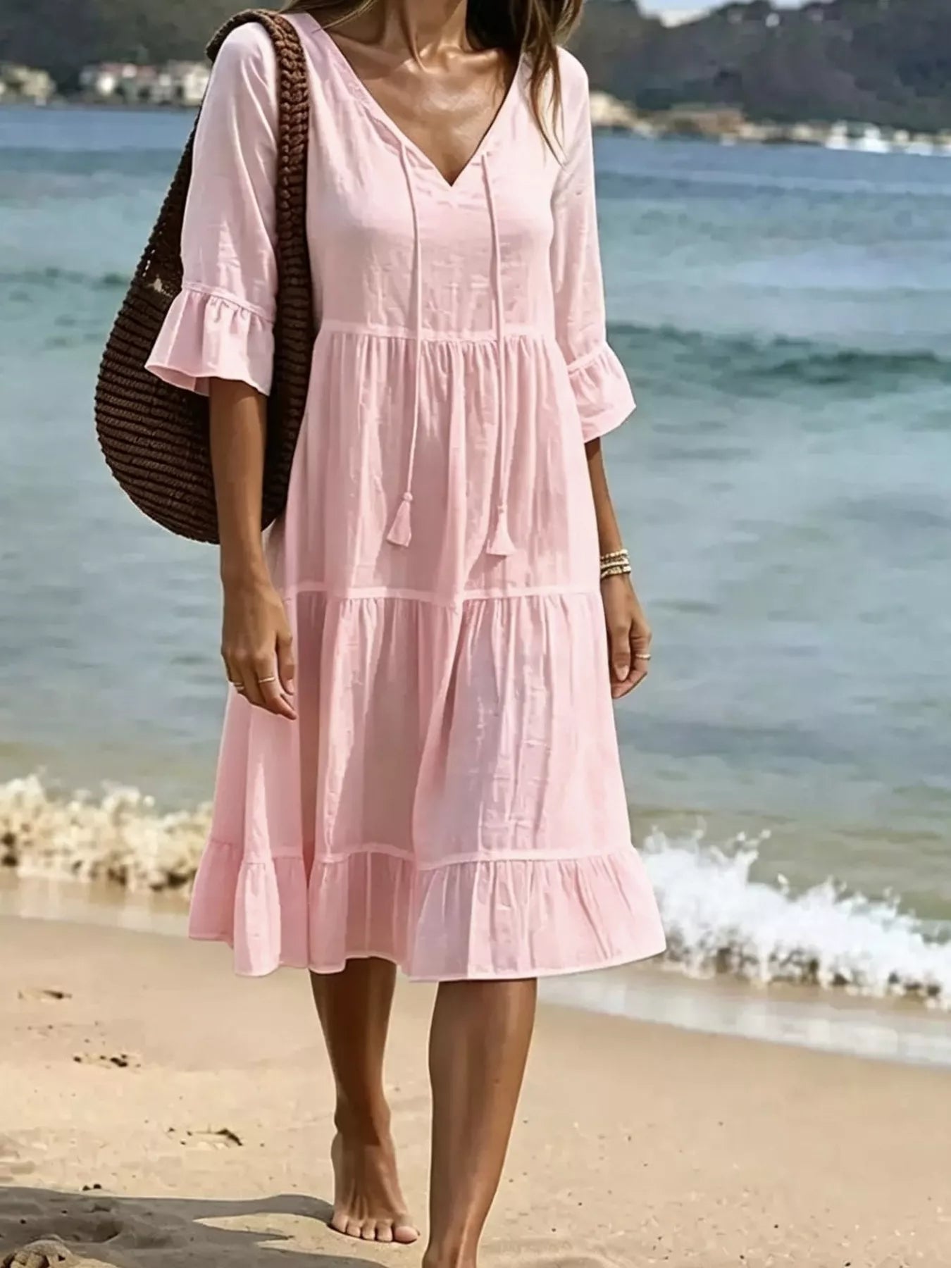 Full Size Tiered Tie Neck Flounce Sleeve Dress Plus Size