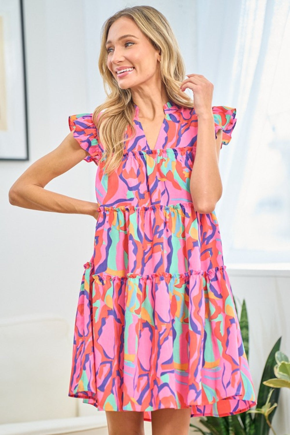 Blue Zone Planet | First Love Full Size Printed Ruffle Cap Sleeve Tiered Dress