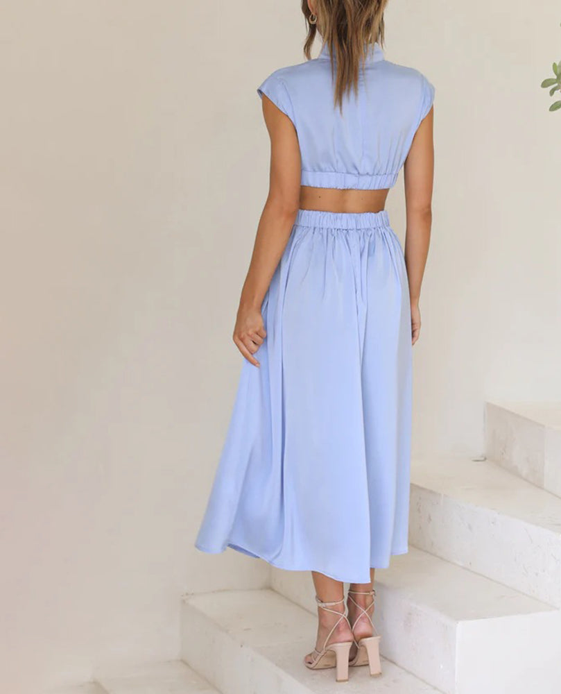 Chic Stand Collar Solid Color Sexy Waist Midi Dress