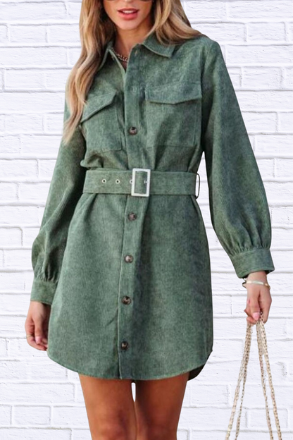 Button Front Belt Long Sleeve Corduroy Dress