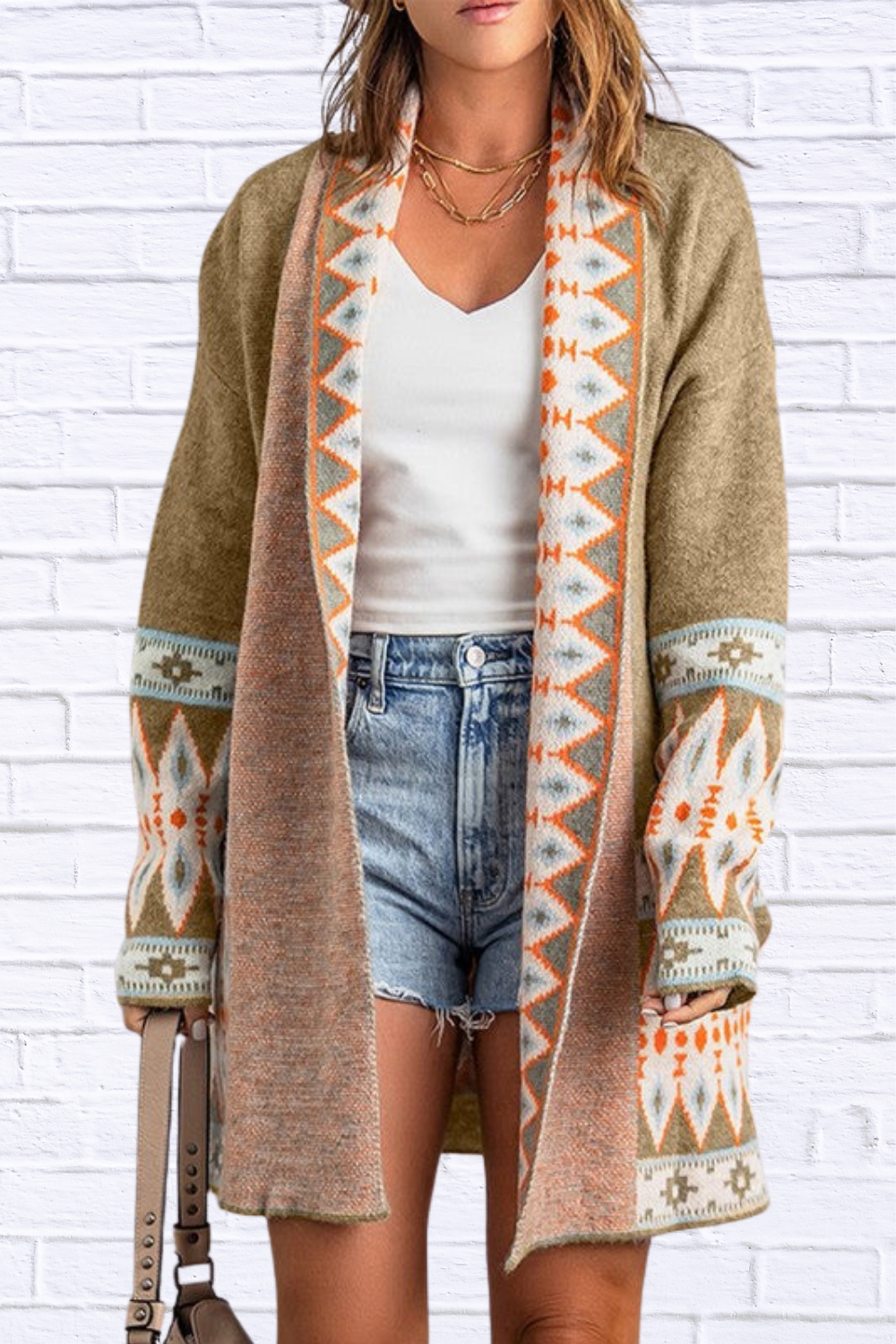Aztec Print Open Front Knitted Cardigan