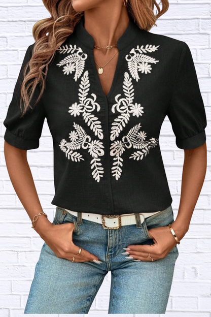 Embroidered Notched Neck Blouse for Women | Black Short Sleeve Floral