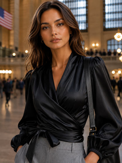Women's Satin Tie Waist Wrap Blouse