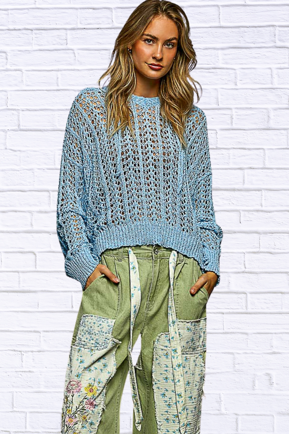 POL Openwork Round Neck High Low Knit Top