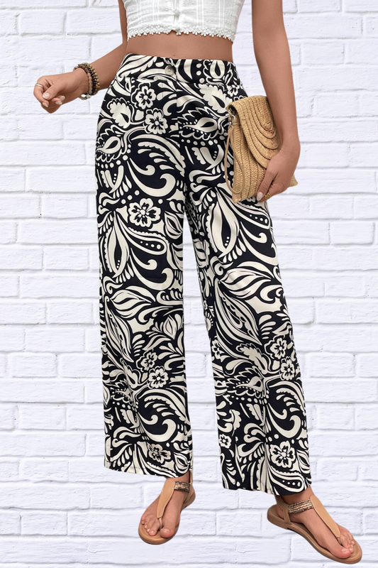 Printed Foliage Black and White  Wide Leg Pants